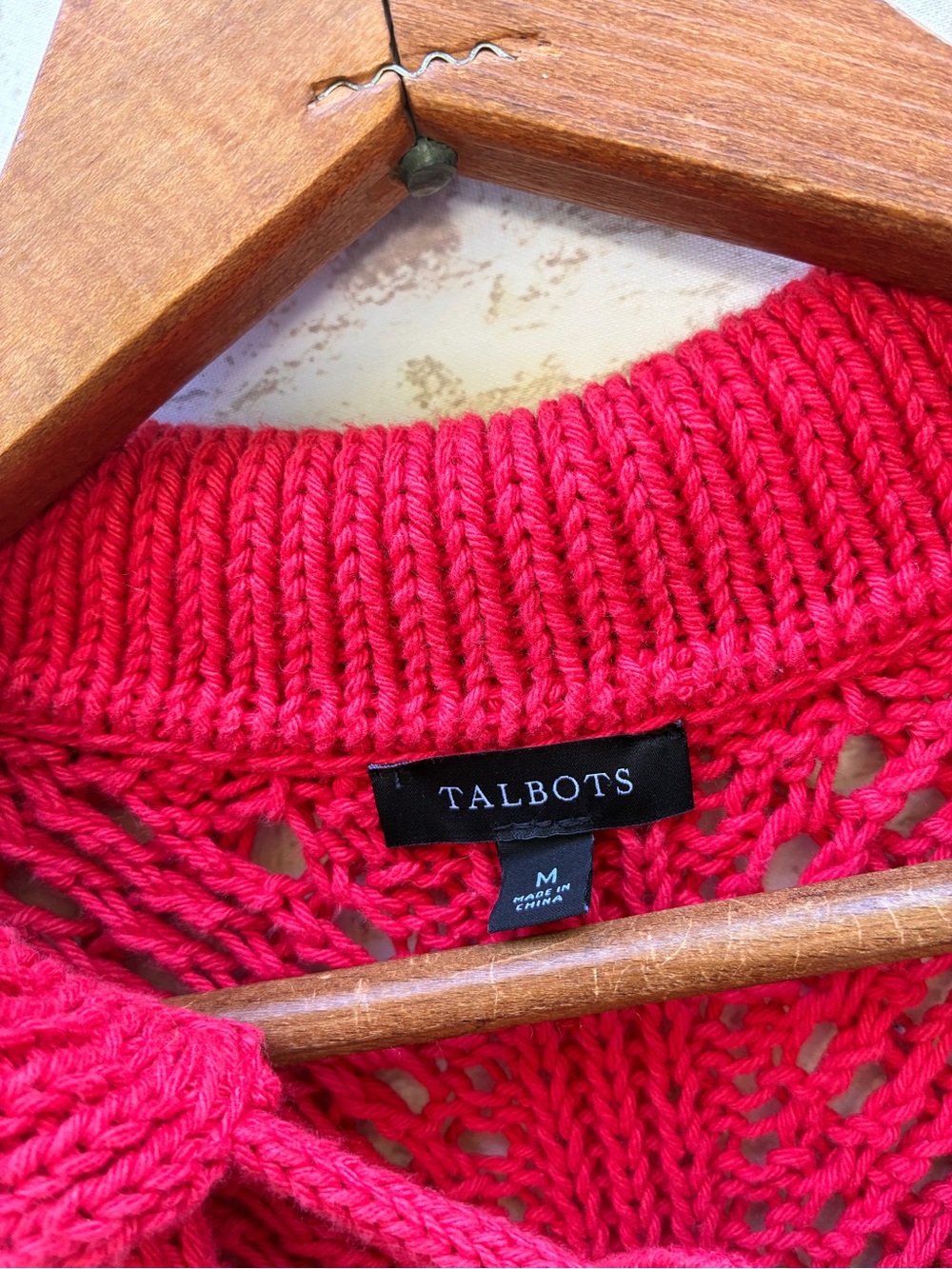 Talbots size M red Open-Knit V-Neck Polo Sweater - Picture 3 of 5